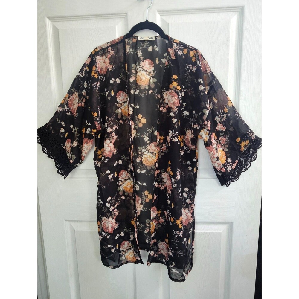 Wallflower M Women's Black Floral Print Kimono Boho Peasant